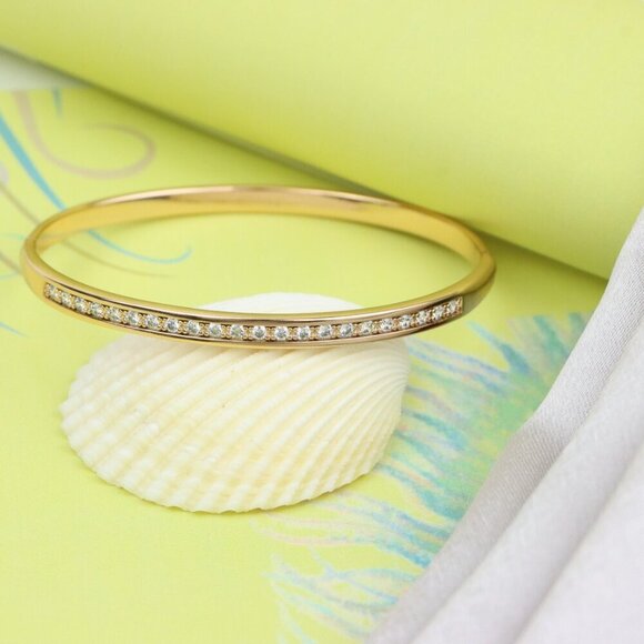 Elegant Rose Gold Bangle with CZ Stones in Sleek Minimal Design, XPBL0415 - Picture 3 of 11